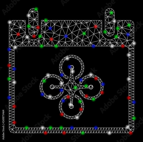 Bright mesh airdrone calendar day with glare effect. White wire frame polygonal mesh in vector format on a black background. Abstract 2d mesh designed with triangles  dots  colorful flash spots.