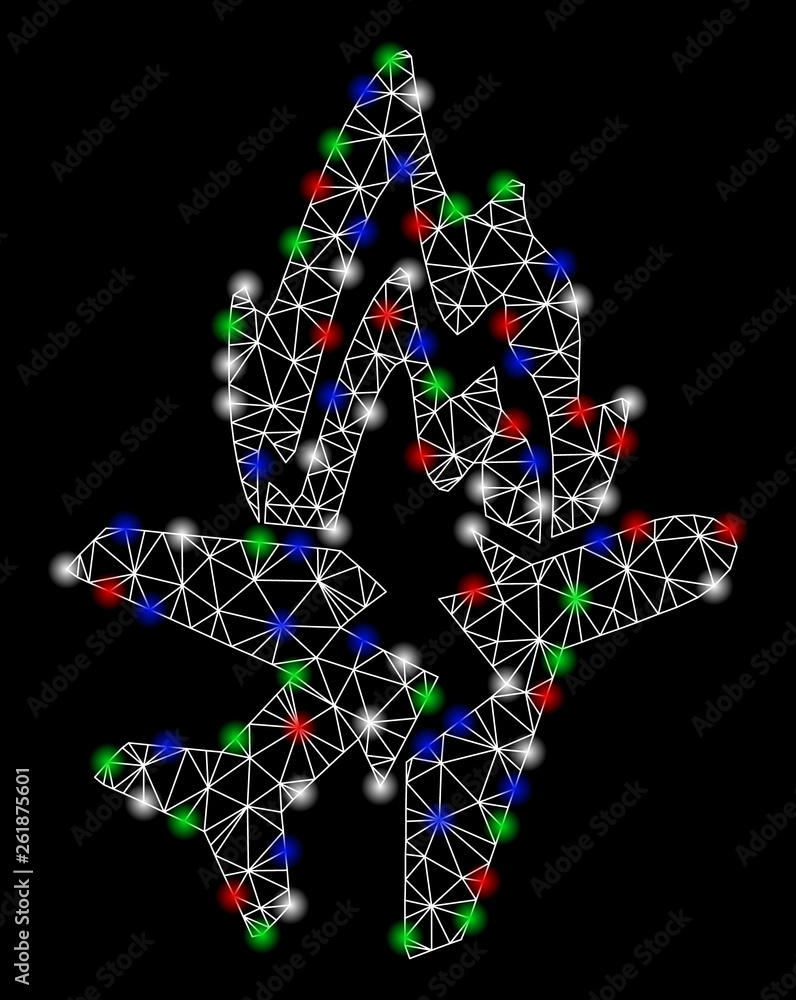 Bright mesh airplane burn with glare effect. White wire carcass polygonal mesh in vector format on a black background. Abstract 2d mesh created from polygonal grid, round dots, colored glare spots. Bright mesh airplane burn with glare effect. White wire carcass polygonal mesh in vector format on a black background. Abstract 2d mesh created from polygonal grid, round dots, colored glare spots.