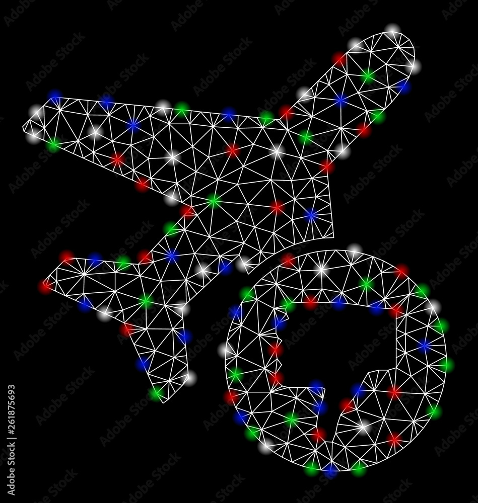 Bright mesh airplane fail with glare effect. White wire carcass triangular mesh in vector format on a black background. Abstract 2d mesh built from triangular lines, dots, colorful light spots. Bright mesh airplane fail with glare effect. White wire carcass triangular mesh in vector format on a black background. Abstract 2d mesh built from triangular lines, dots, colorful light spots.