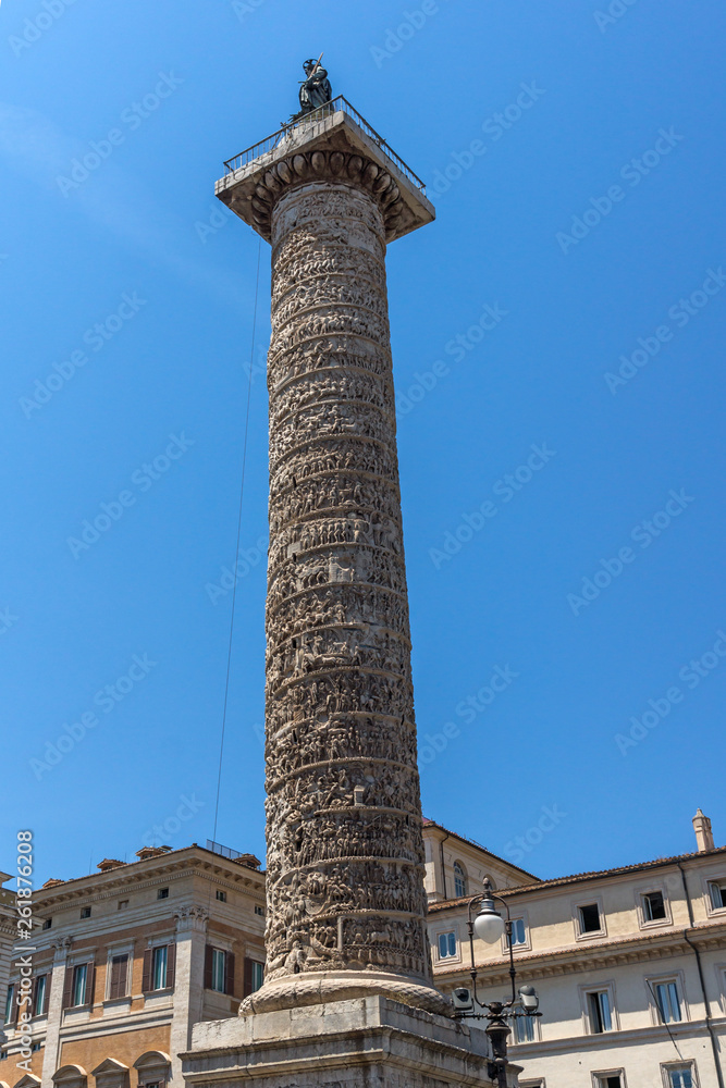 Amazing view of Marcus Aurelius Column in front of Palazzo Chigi in city of Rome, Italy