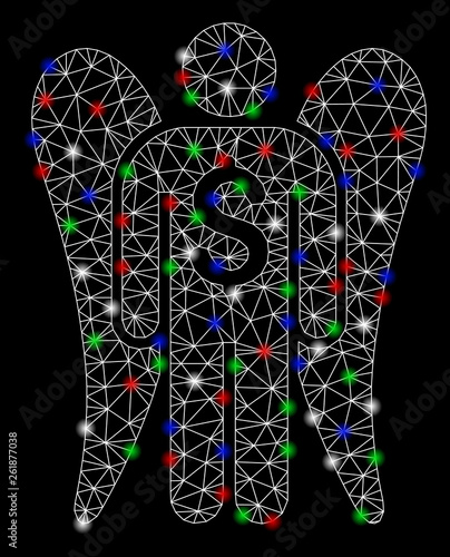 Bright mesh angel investor with glow effect. White wire frame polygonal network in vector format on a black background. Abstract 2d mesh designed with polygonal grid, points, colored light spots.