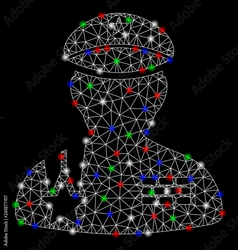 Bright mesh army general with glare effect. White wire carcass polygonal network in vector format on a black background. Abstract 2d mesh designed with triangular lines, round dots,