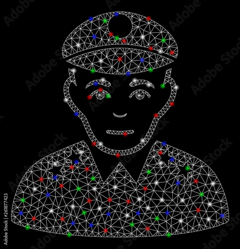 Bright mesh army general with lightspot effect. White wire frame triangular mesh in vector format on a black background. Abstract 2d mesh designed with polygonal grid, points, colored light spots.