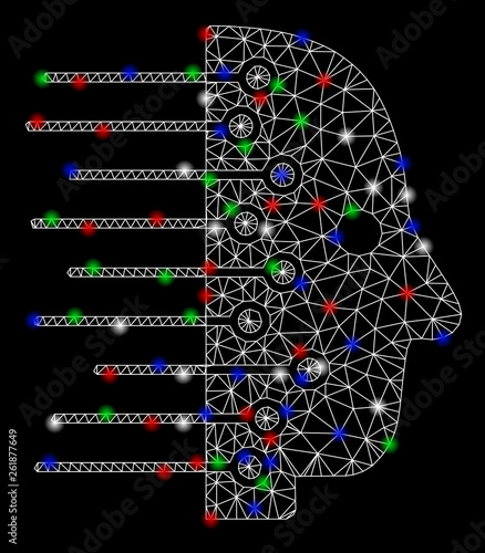 Bright mesh artificial intelligence with glow effect. White wire carcass polygonal mesh in vector format on a black background. Abstract 2d mesh designed with polygonal grid, small circle,