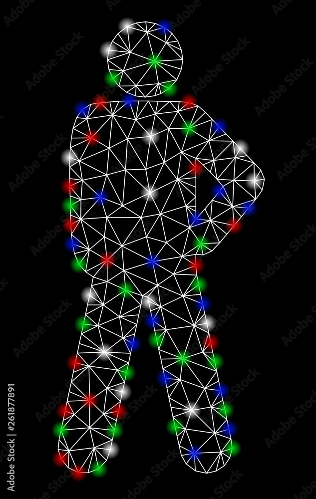 Bright mesh audacity pose with glow effect. White wire carcass polygonal mesh in vector format on a black background. Abstract 2d mesh designed with triangular lines, points, colored glare spots. Bright mesh audacity pose with glow effect. White wire carcass polygonal mesh in vector format on a black background. Abstract 2d mesh designed with triangular lines, points, colored glare spots.