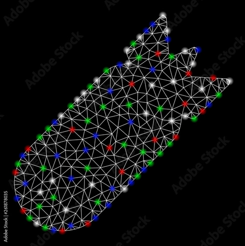 Bright mesh aviation bomb with glow effect. White wire carcass triangular mesh in vector format on a black background. Abstract 2d mesh designed with polygonal grid, small circle,