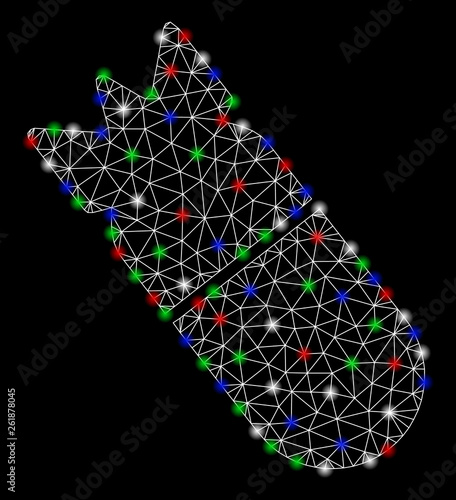 Bright mesh aviation bomb with glow effect. White wire frame triangular mesh in vector format on a black background. Abstract 2d mesh built from triangular lines, round dots, colorful glare spots.