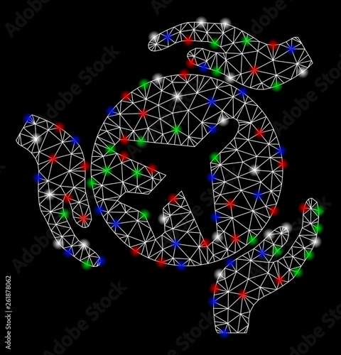 Bright mesh aviation care hands with lightspot effect. White wire frame polygonal network in vector format on a black background. Abstract 2d mesh designed with polygonal grid, spheric points,