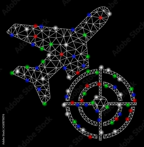 Bright mesh aviation target with glare effect. White wire frame triangular mesh in vector format on a black background. Abstract 2d mesh designed with triangles, dots, colorful glare spots.