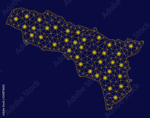 Bright yellow mesh Abkhazia map with glare effect. Wire frame triangular network in vector EPS10 format on a dark black background. Abstract 2d mesh designed with polygonal grid, small circle,