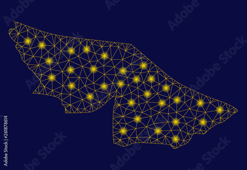 Bright yellow mesh Acre State map with glare effect. Wire carcass triangular mesh in vector EPS10 format on a dark black background. Abstract 2d mesh designed with polygonal grid, round dots,