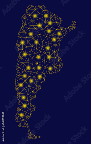 Bright yellow mesh Argentina map with glare effect. Wire frame triangular mesh in vector EPS10 format on a dark black background. Abstract 2d mesh designed with triangular lines, round dots,
