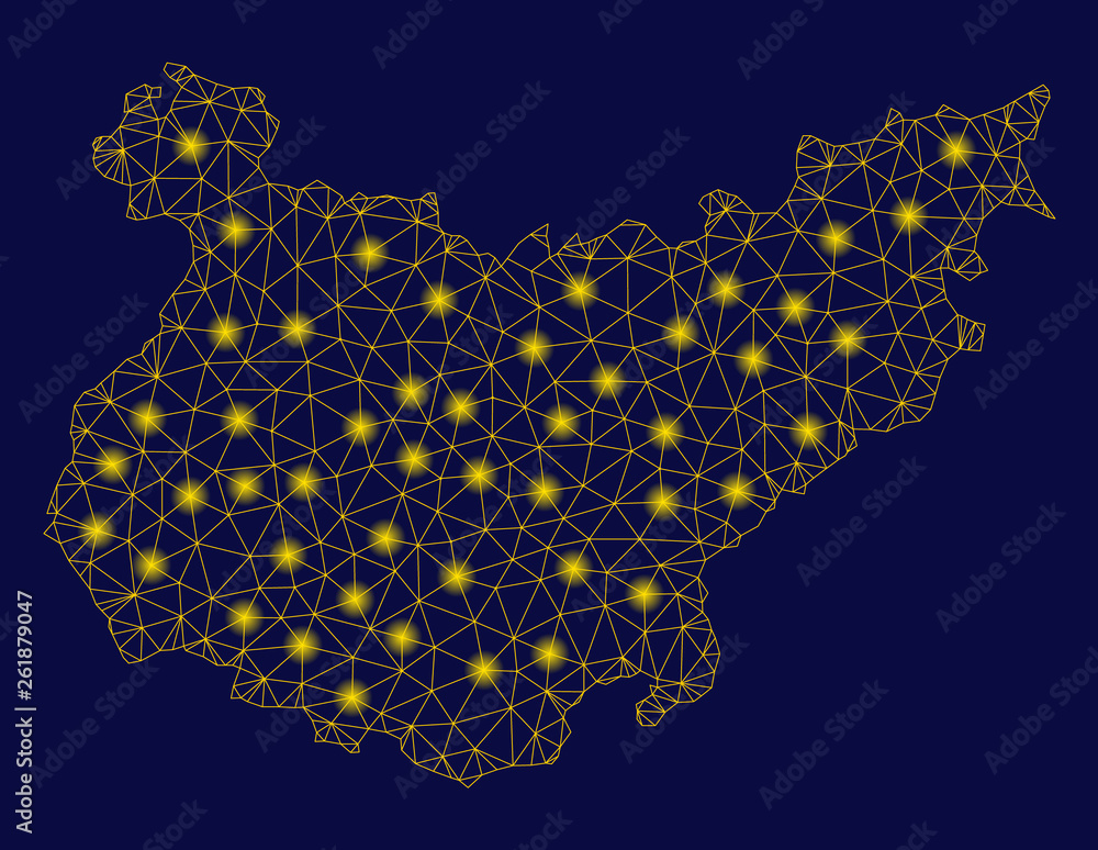 Bright yellow mesh Badajoz Province map with glow effect. Wire carcass polygonal mesh in vector EPS10 format on a dark black background. Abstract 2d mesh designed with polygonal grid, round dots,