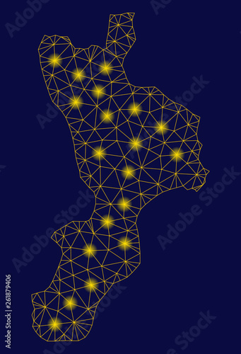 Bright yellow mesh Calabria region map with lightspot effect. Wire carcass triangular mesh in vector EPS10 format on a dark black background. Abstract 2d mesh designed with triangular lines,