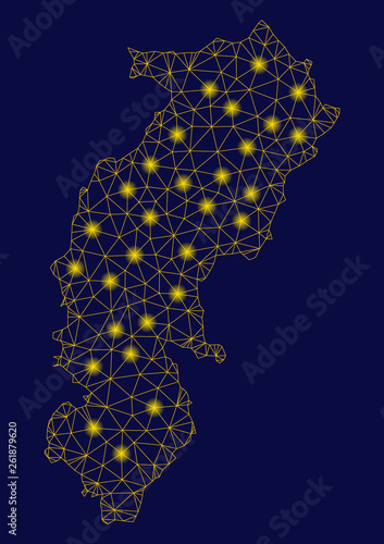 Bright yellow mesh Chhattisgarh State map with glare effect. Wire frame triangular mesh in vector EPS10 format on a dark black background. Abstract 2d mesh created from triangular lines  points 