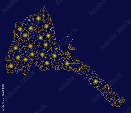 Fototapeta Naklejka Na Ścianę i Meble -  Bright yellow mesh Eritrea map with lightspot effect. Wire frame polygonal mesh in vector EPS10 format on a dark black background. Abstract 2d mesh designed with polygonal grid, dots,