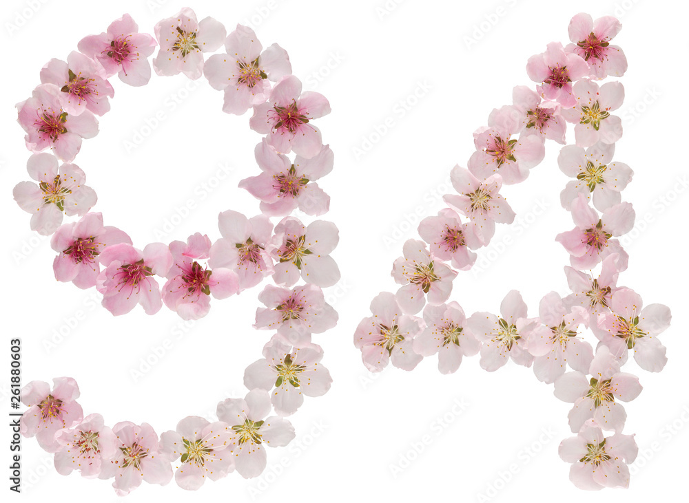 Numeral 94, ninety four, from natural pink flowers of peach tree, isolated on white background