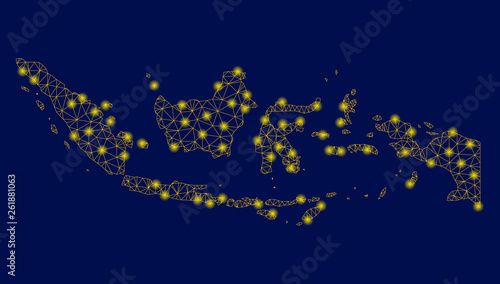 Bright yellow mesh Indonesia map with lightspot effect. Wire carcass polygonal mesh in vector EPS10 format on a dark black background. Abstract 2d mesh designed with polygonal grid, round dots,