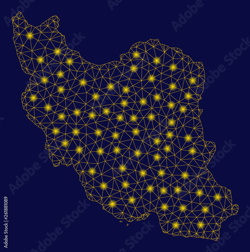 Fototapeta Naklejka Na Ścianę i Meble -  Bright yellow mesh Iran map with glare effect. Wire carcass polygonal mesh in vector EPS10 format on a dark black background. Abstract 2d mesh built from polygonal grid, spheric points,