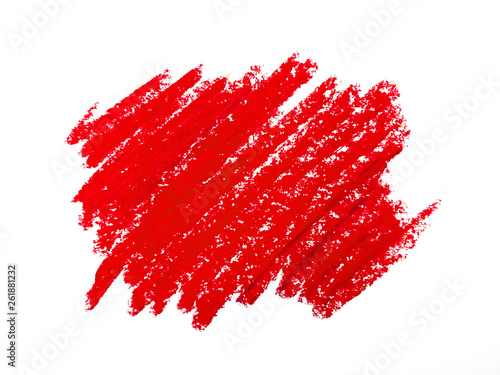 Red crayon scribble texture. Abstract crayon on white background. Wax pastel spot. It is a hand drawn, red abstract crayon background.