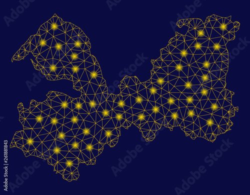 Bright yellow mesh Leningrad Oblast map with lightspot effect. Wire carcass polygonal mesh in vector EPS10 format on a dark black background. Abstract 2d mesh designed with polygonal grid,