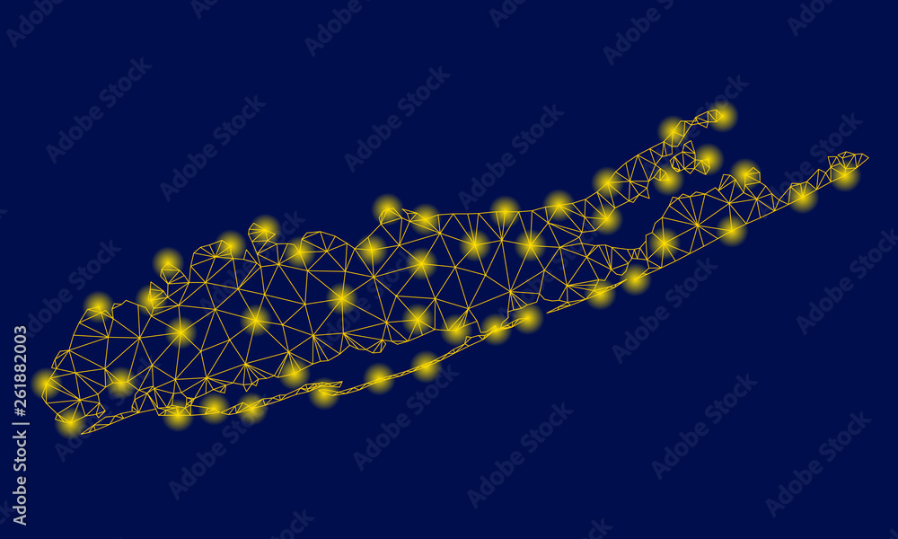 Bright yellow mesh Long Island map with glow effect. Wire carcass ...