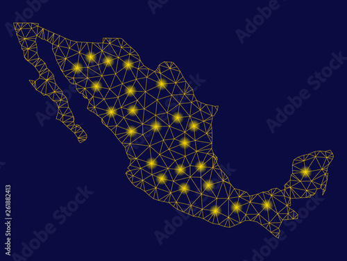 Bright yellow mesh Mexico map with glare effect. Wire frame triangular mesh in vector EPS10 format on a dark black background. Abstract 2d mesh designed with triangular lines, dots,