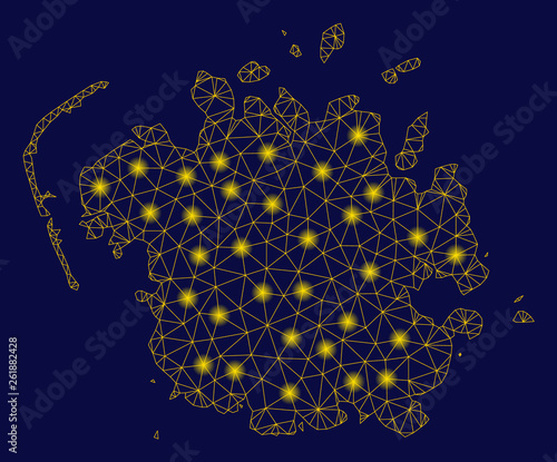 Bright yellow mesh Micronesia island map with glare effect. Wire carcass polygonal mesh in vector EPS10 format on a dark black background. Abstract 2d mesh designed with polygonal grid, round dots,