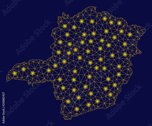 Bright yellow mesh Minas Gerais State map with glow effect. Wire frame triangular mesh in vector EPS10 format on a dark black background. Abstract 2d mesh designed with triangular lines,