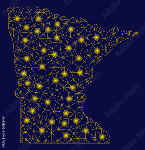 Bright yellow mesh Minnesota State map with glow effect. Wire carcass triangular mesh in vector EPS10 format on a dark black background. Abstract 2d mesh built from triangular lines, dots,