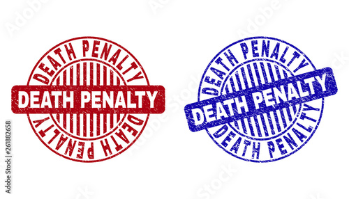 Grunge DEATH PENALTY round stamp seals isolated on a white background. Round seals with distress texture in red and blue colors.