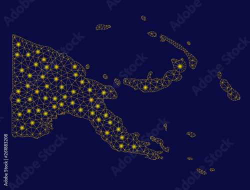 Bright yellow mesh Papua New Guinea map with glow effect. Wire carcass polygonal mesh in vector EPS10 format on a dark black background. Abstract 2d mesh designed with triangles, small circle,