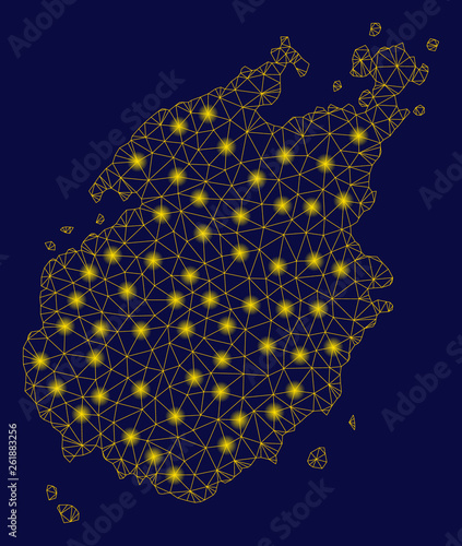 Bright yellow mesh Paros Island map with glare effect. Wire carcass triangular mesh in vector EPS10 format on a dark black background. Abstract 2d mesh built from triangular lines, round dots,