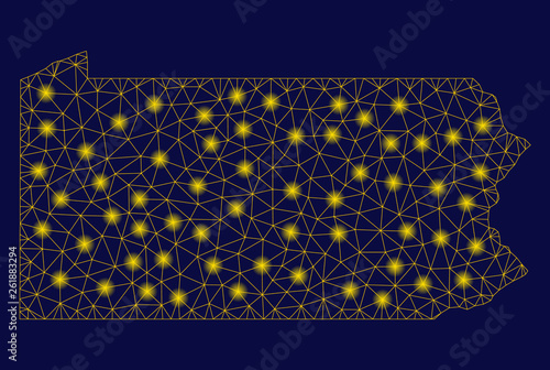 Bright yellow mesh Pennsylvania State map with glare effect. Wire carcass polygonal network in vector EPS10 format on a dark black background. Abstract 2d mesh created from polygonal grid, points,
