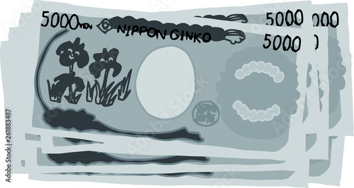 Monochrome Backside Bunch of Cute hand-painted Japanese 5000 yen note 