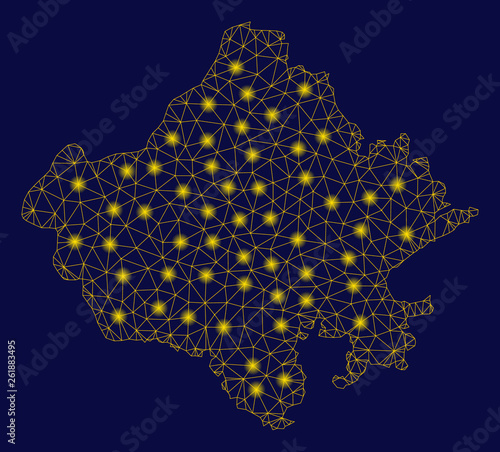 Bright yellow mesh Rajasthan State map with glow effect. Wire frame polygonal mesh in vector EPS10 format on a dark black background. Abstract 2d mesh designed with polygonal grid, dots, photo