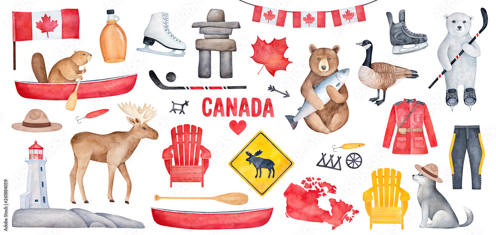Big Canada Set With Various Symbols Like National Flag Maple Syrup Bottle Lighthouse Hockey Skates Handdrawn Watercolour Paint On White Background Cutout Clipart For Creative Design Decoration Stock イラスト Adobe Stock Big Canada Set With Various Symbols Like National Flag Maple Syrup Bottle Lighthouse Hockey Skates Handdrawn Watercolour Paint On White Background Cutout Clipart For Creative Design Decoration Stock イラスト Adobe Stock