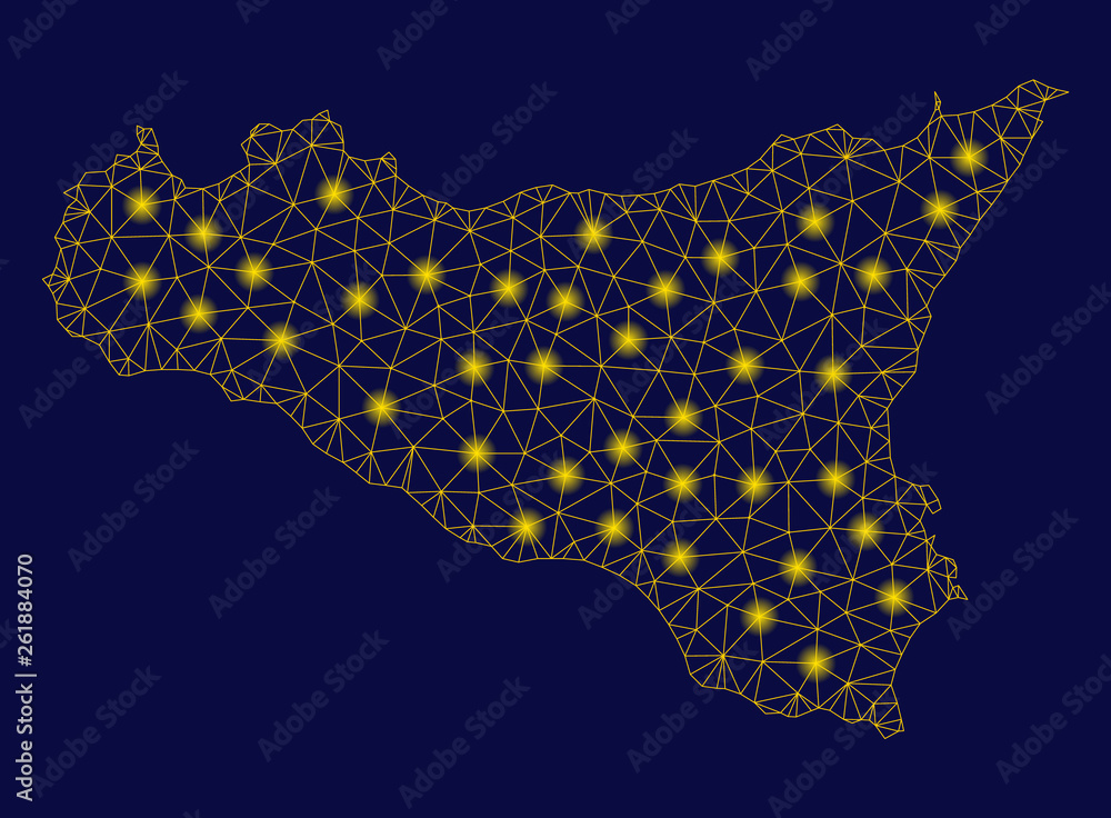 Bright yellow mesh Sicilia map with glow effect. Wire carcass triangular mesh in vector EPS10 format on a dark black background. Abstract 2d mesh designed with polygonal grid, small circle,