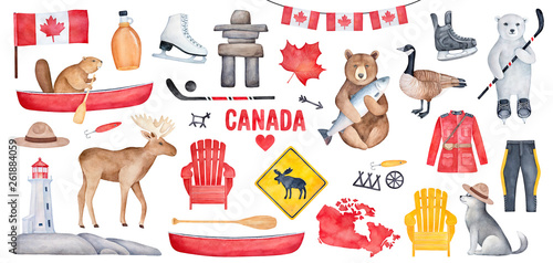 Big Canada Set with various symbols like national flag, maple syrup bottle, lighthouse, hockey skates. Handdrawn watercolour paint on white background, cutout clipart for creative design decoration. photo