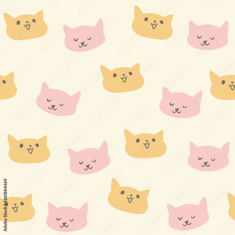 Cute seamless pattern with funny cat heads, for textile, wrapping paper, baby fabric and background