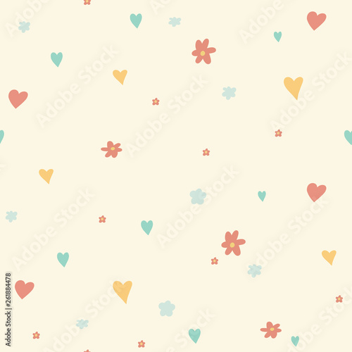Cute hand drawn seamless pattern with hearts and flowers in retro colors