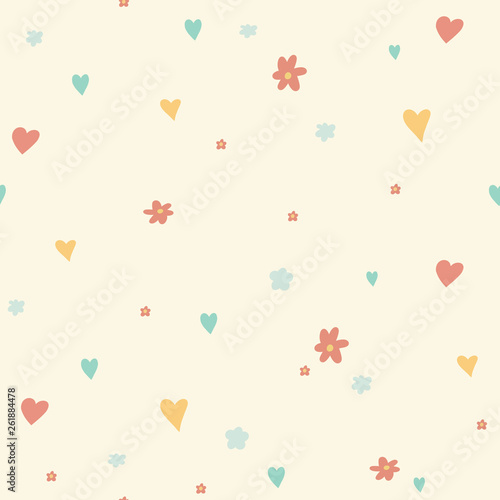 Cute hand drawn seamless pattern with hearts and flowers in retro colors