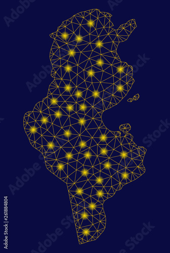 Bright yellow mesh Tunisia map with glare effect. Wire carcass triangular mesh in vector EPS10 format on a dark black background. Abstract 2d mesh designed with triangular lines, small circle,