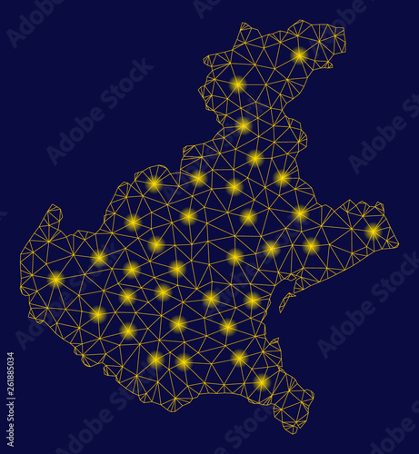 Bright yellow mesh Veneto region map with glare effect. Wire frame triangular mesh in vector EPS10 format on a dark black background. Abstract 2d mesh designed with triangular lines, spheric points,