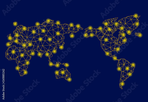 Bright yellow mesh world map with lightspot effect. Wire frame triangular mesh in vector EPS10 format on a dark black background. Abstract 2d mesh designed with triangular lines, small circle,