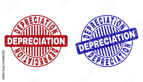 Grunge DEPRECIATION round stamp seals isolated on a white background. Round seals with distress texture in red and blue colors.