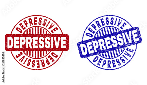 Grunge DEPRESSIVE round stamp seals isolated on a white background. Round seals with grunge texture in red and blue colors. Vector rubber imitation of DEPRESSIVE tag inside circle form with stripes.
