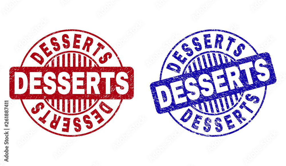 Grunge DESSERTS round stamp seals isolated on a white background. Round seals with distress texture in red and blue colors. Vector rubber imprint of DESSERTS title inside circle form with stripes. Grunge DESSERTS round stamp seals isolated on a white background. Round seals with distress texture in red and blue colors. Vector rubber imprint of DESSERTS title inside circle form with stripes.
