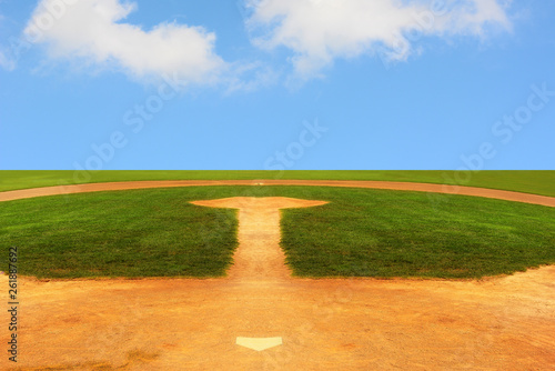 Photography A Baseball field looking out to an endless horizon with a bright blue sky with c