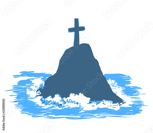 Cross on rock in the sea - blue simply vector
